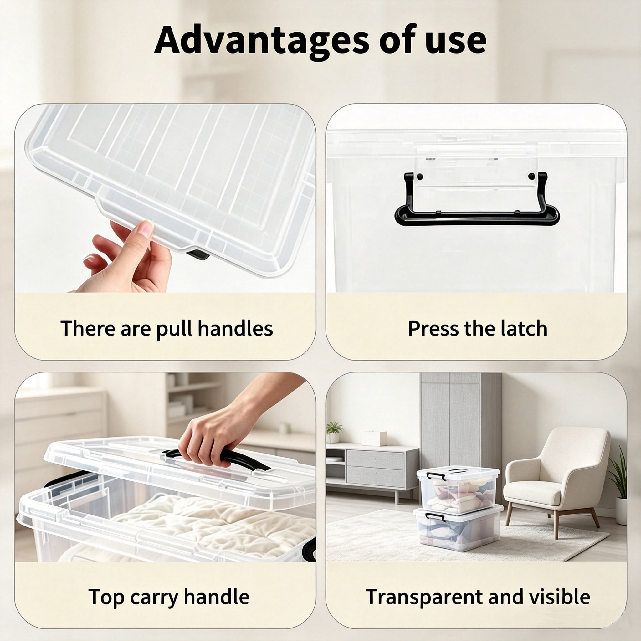 Storage Bins with Lids 4-Pack 90 QT, Stackable Plastic Containers and Organizer Totes with Secure Latches for Home Office Garage, Clear White