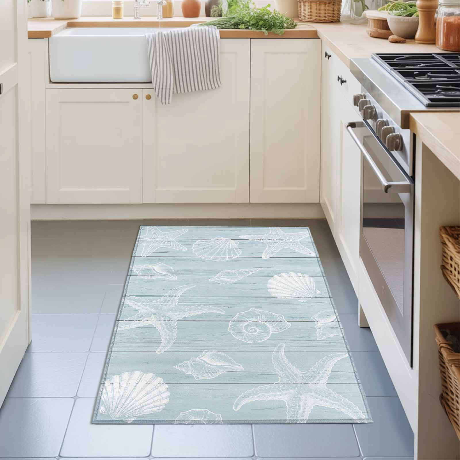 Entryway Rug 2'x3', Ocean Beach Kitchen Runner Rugs Non-Slip Carpet Mats, Summer Coastal Starfish Shell Conch Wooden Green Bedside Rugs Runners Washable Floor Carpet for Bathroom Laundry Room