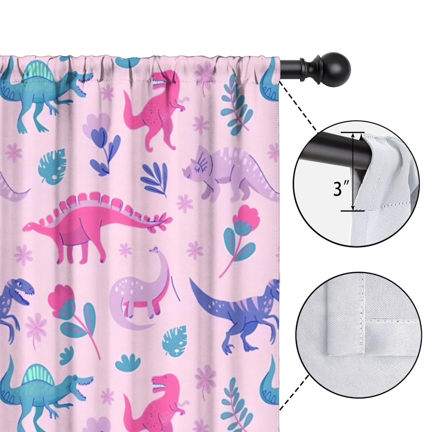 Blackout Kids Curtains,Pink Dinosaurs Flowers Leaves Pattern Childrens Insulated Curtains Set Of 2,Bedroom Essentials,Toddler Room Decor 42"x84"