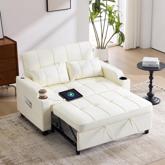 MELLCOM 51" Pull Out Sofa Bed, Convertible Sleeper Sofa Couch Bed with USB Ports & Adjustable Backrest & Side Pocket & 2 Pillows, Loveseat Sofa for Living Room (White)