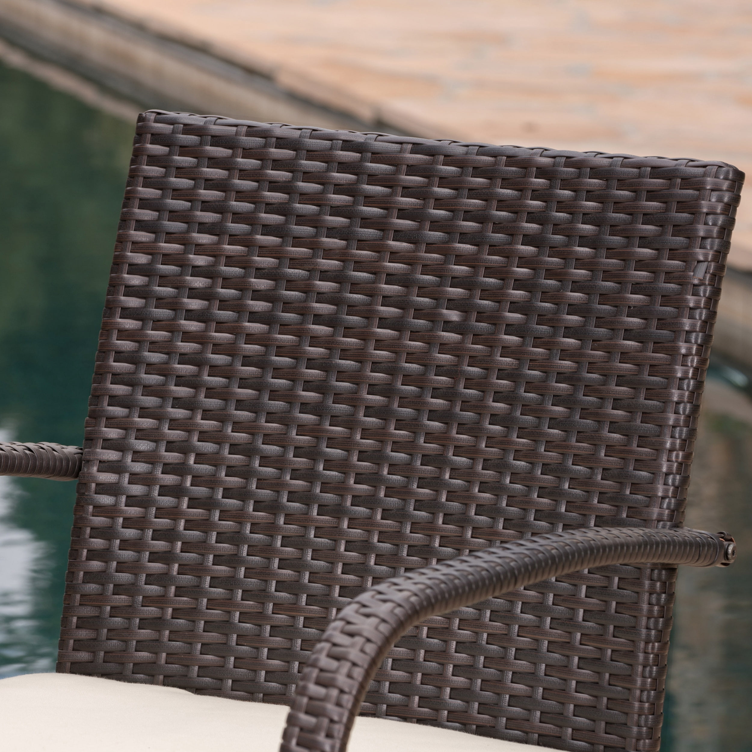 Caraga 7 Piece Outdoor Wicker and Acacia Wood Dining Set with Cushions, Multibrown, Creme