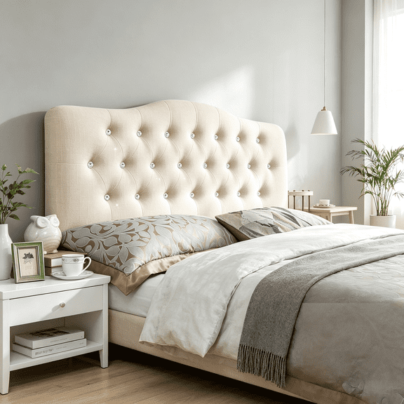 King Diamond Tufted Upholstered Headboard, Sturdy and Durable Solid Wood Headboard, Fabric Headboard with Adjustable Height, Modern Button Diamond Design Head Board, Beige
