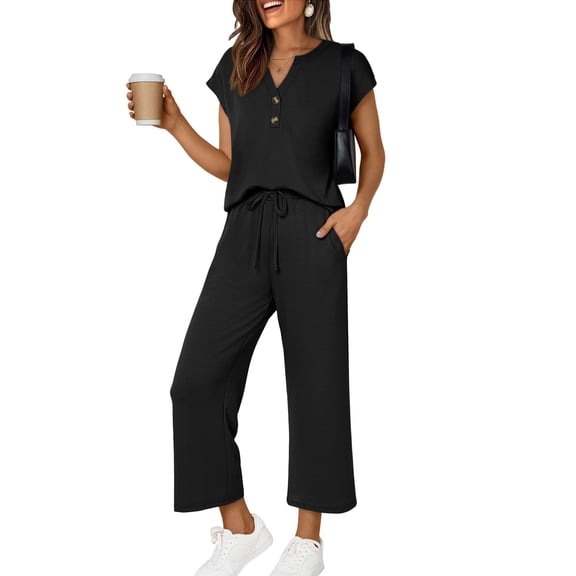 Women's 2 Piece Sets Summer Casual Short Sleeve Tops Wide Leg Pants Matching Lounge Set Vacation Travel Outfits Black S