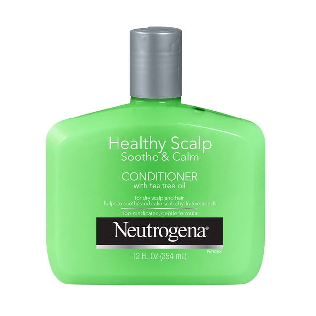 acondicionador neutrogena healthy scalp soothe & calm 355 ml frasco verde frontal, botella rectangular de plástico con tapa gris y logo Neutrogena; acondicionador con aceite de árbol de té para hidratar cuero cabelludo y cabello secos, pH equilibrado, sin parabenos ni ftalatos, 12 fl oz (355 ml); adecuado también para llevar en viajes por su tamaño compacto.