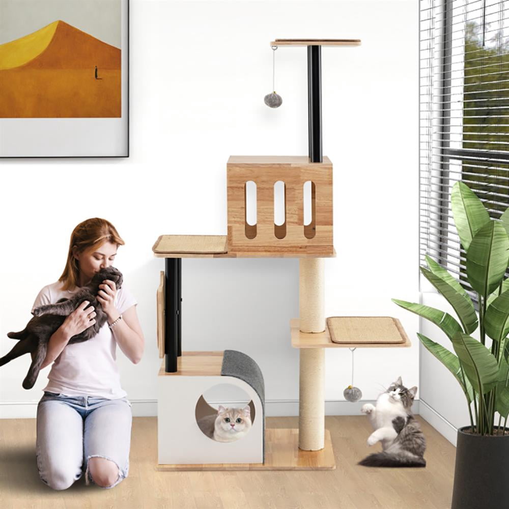 Resenkos Cat Scratching Tower,Cat Tree, Modern Tall Cat Tower with Double Condos with Dangling Balls and Sisal Carpets-Natural