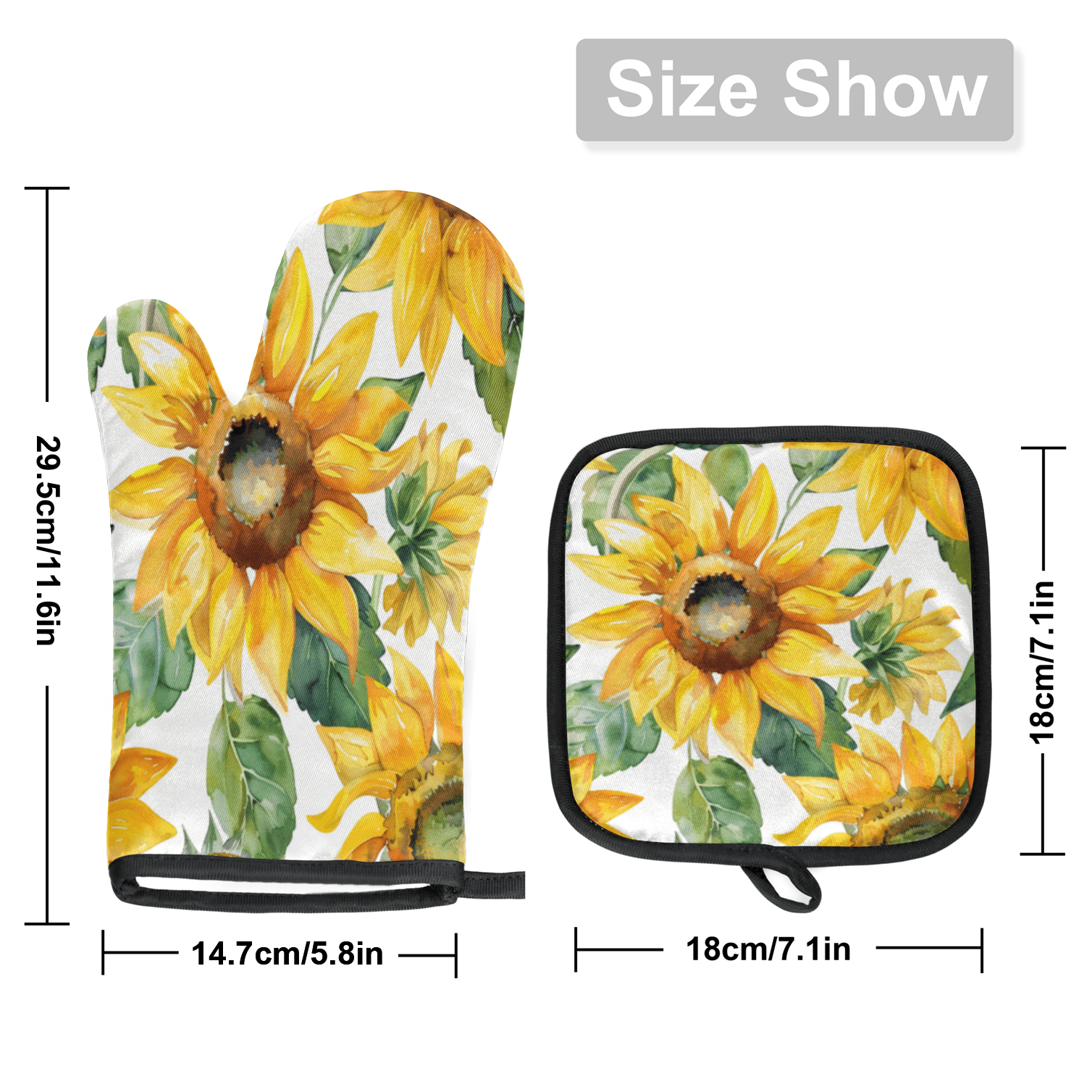 CURLYOOT Sunflower Oven Mitts and Pot Holders Sets of 2, Non-Slip Washable Watercolor Flowers Hot Pads and Oven Gloves for Kitchen Cooking Baking