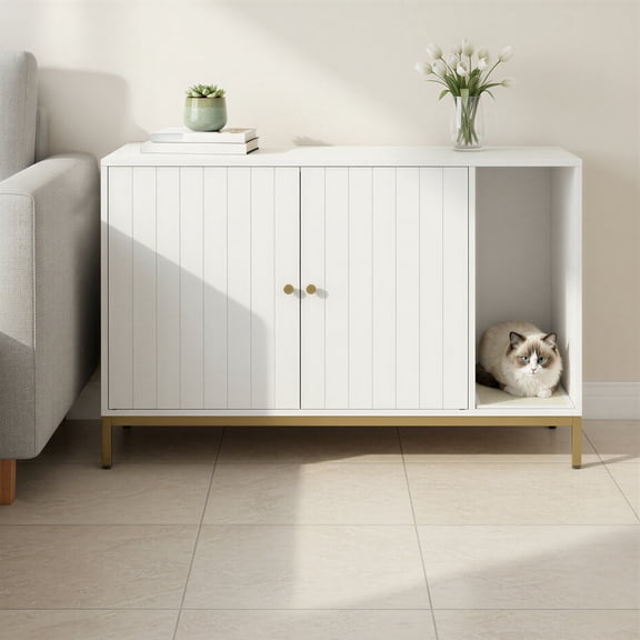 Pet Litter Box with High Feet, Scratching Mat, Side Table for Living Room, 80 x 50 x 55 cm, White