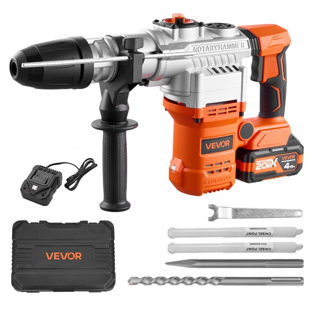 Taladro percutor rotativo VEVOR, SDS-Max inalámbrico de 1-9/16 pulg., martillo perforador rotativo de alta resistencia alimentado por batería de 20 V, incluye 2 baterías, cargador, broca