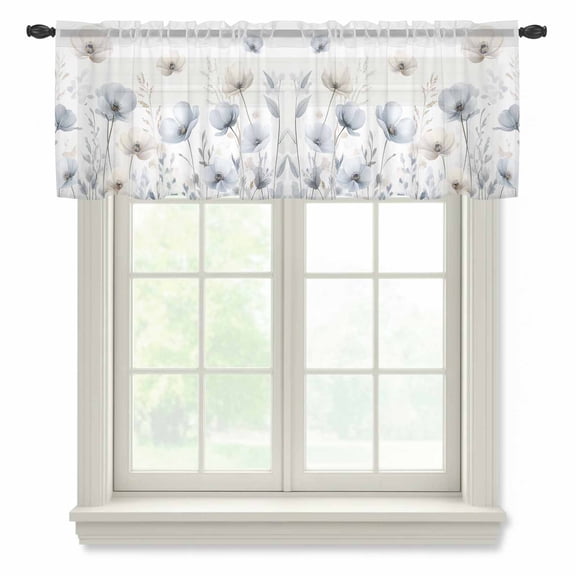 Blue Beige Spring Floral Valance Curtains for Kitchen/Living Room/Bathroom/Bedroom Window, Rod Pocket Small Topper Half Short Window Curtains Voile Sheer Scarf, Summer Botanical Watercolor 42"x18"