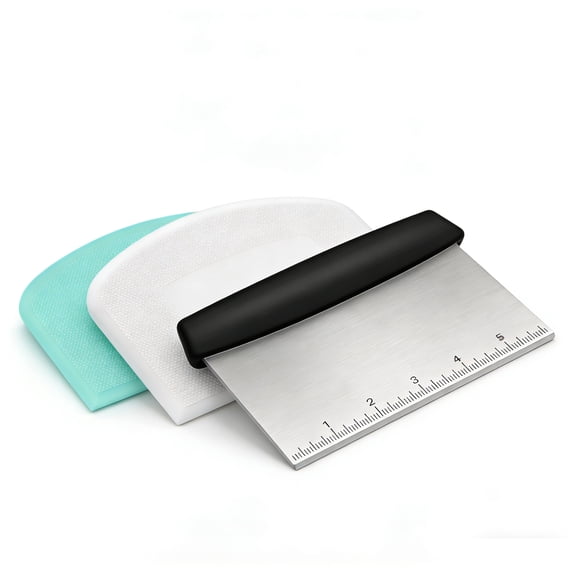 3PCS Dough Scraper Set for Baking Flexible Silicone and Stainless Steel Scrapers Blue White