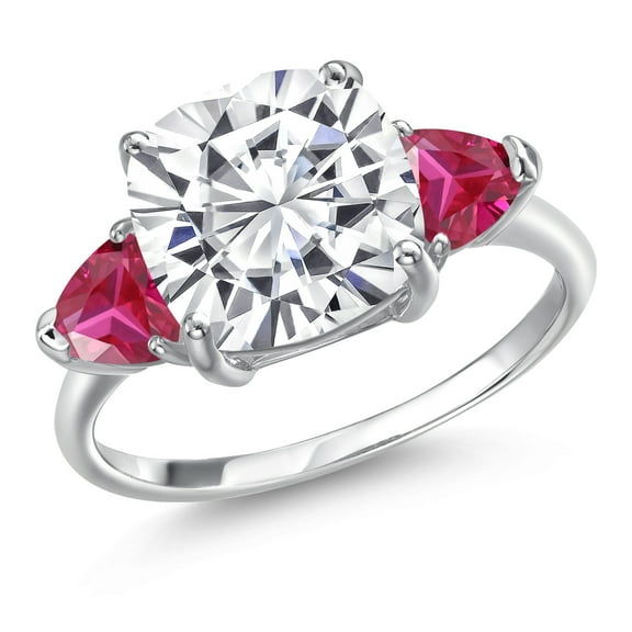 10K White Gold White Moissanite and Red Created Ruby 3-Stone Engagement Ring | 5.86 Cttw | Cushion 10MM | Trillion  5MM | Three Stone Wedding Anniversary Promise Ring for Women (Size 8)