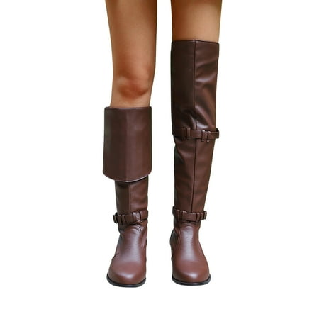 

Bnwani Work Boots Shoes For Clearence Mid Heel Boots Buckle Knight Knee-High Brown Boots 35-43