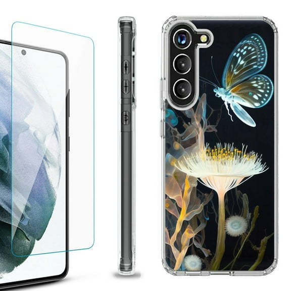 OneToughShield ® for Samsung Galaxy S23  S23 Plus 5G Shockproof Bumper Phone Case, with Tempered Glass Screen Protector - Butterfly Translucent