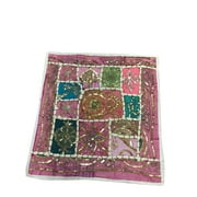 Mogul Indian Decor Toss Pillow Sham Vintage Patchwork Pink Embroidered Zari Sequin Cushion Cover 16"X16"