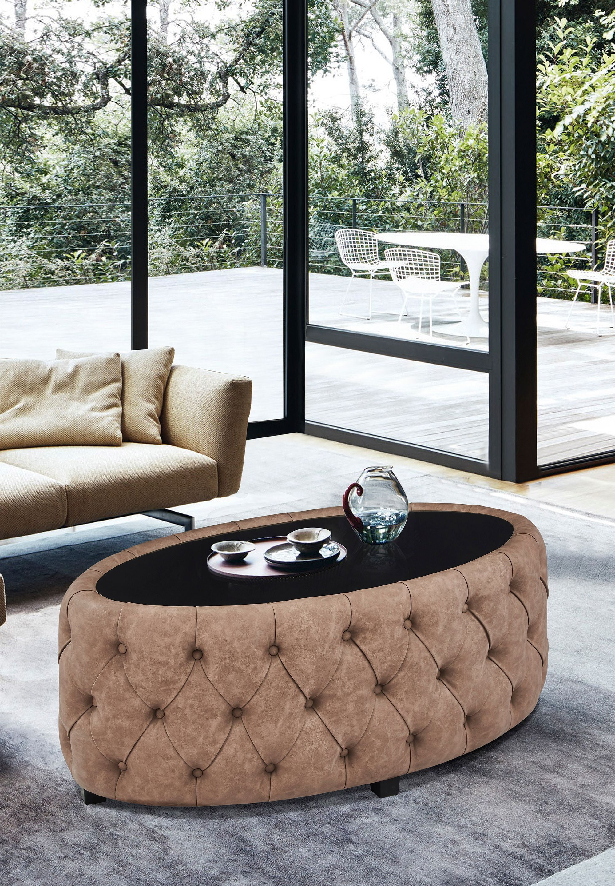 Armen Living Blossom Contemporary Ottoman in Brown Faux Leather ...
