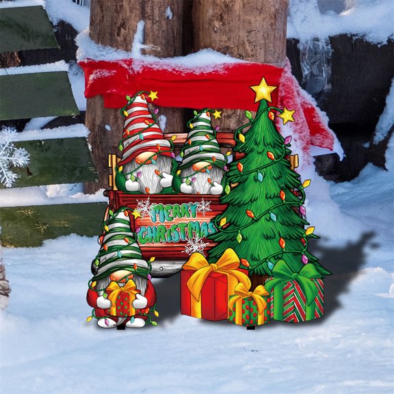 MXTPOV Acrylic Christmas Yard Signs, Christmas Tree Gnomes Gift Boxes Decorative Garden Stakes for Yard Outside Garden Lawn, Outdoor Christmas Decorations for Party Home Decor, 10.39*11.81 inch