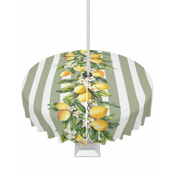 Outdoor Tablecloth with Umbrella Hole for Patio/Picnic/Party/Camping, Sage Green Stripes Waterproof Table Cloth Round Cover Washable, Summer Spring Botanical Lemon Leaves Dia 60"