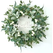 Green Eucalyptus Leaf Wreath, WEZEHO 22 Inch Artificial Spring Summer Greenery Wreaths for Front Door Decor Boxwood with Hello Sign for Farmhouse Outside Year Round