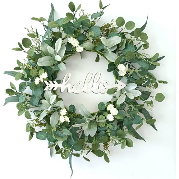Green Eucalyptus Leaf Wreath, WEZEHO 22 Inch Artificial Spring Summer Greenery Wreaths for Front Door Decor Boxwood with Hello Sign for Farmhouse Outside Year Round