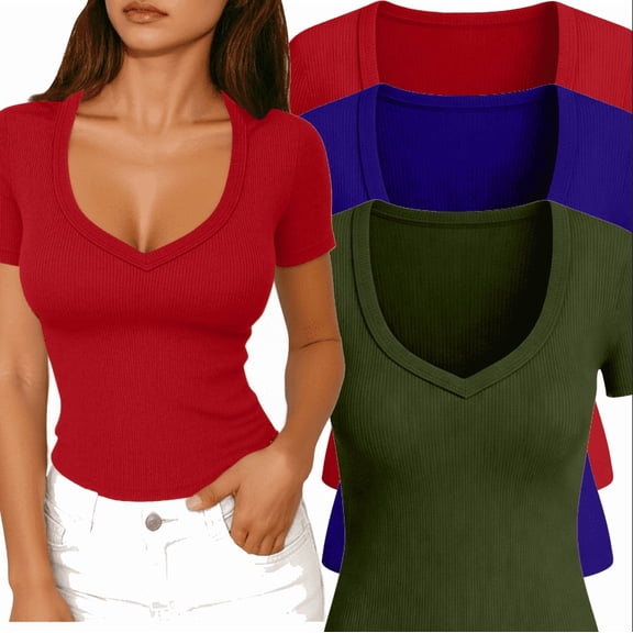Fancifize 3PC Short Sleeve Ribbed Knit Tshirts for Women Scoop Neck Stretch Casual Slim Basic Tees Tops S-2XL
