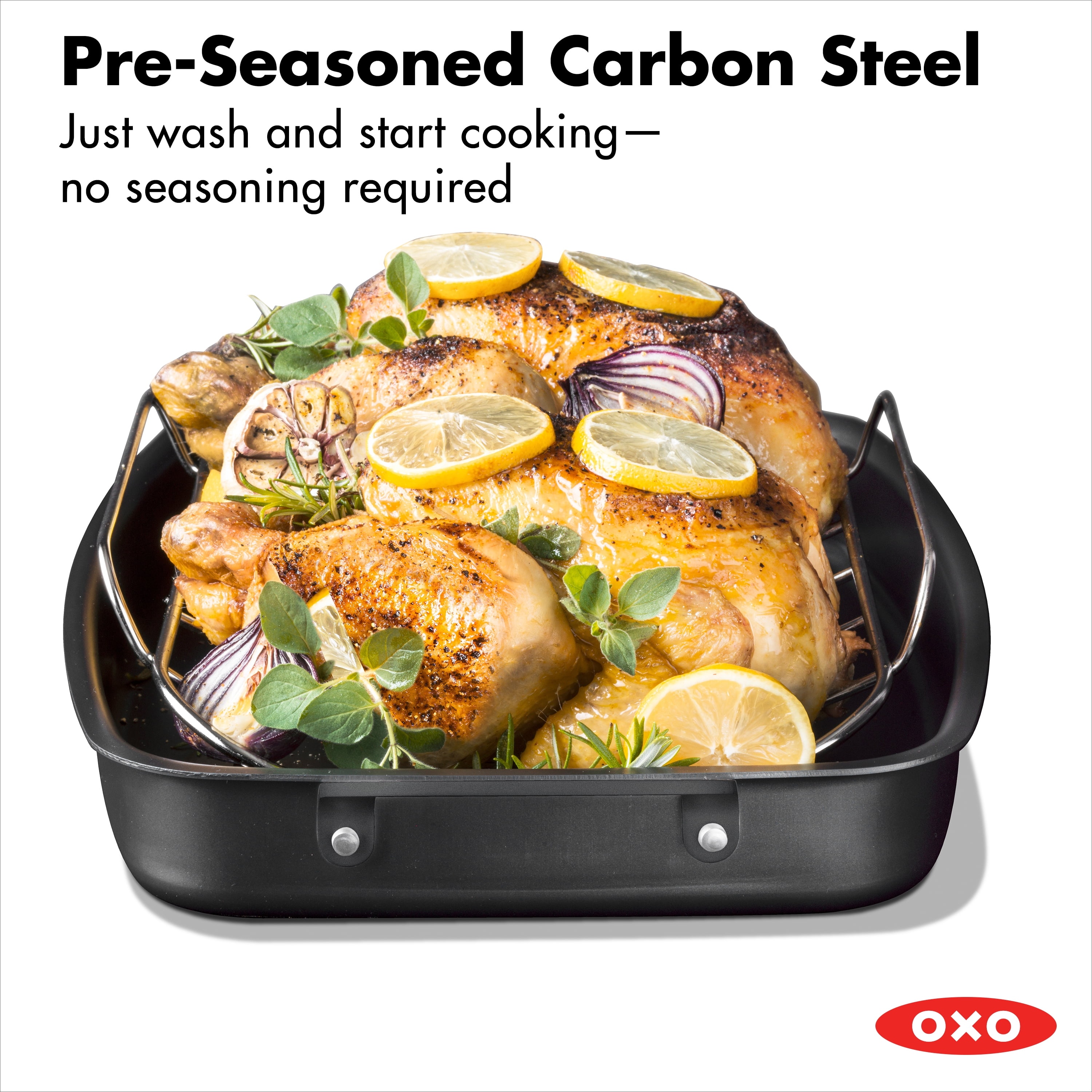 OXO Obsidian Pre-Seasoned Carbon Steel Induction Safe Roasting Pan, 15" x 10.5", Black