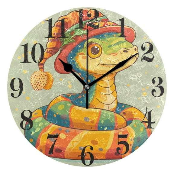 Cute Snake with Hat Round Wall Clock Battery Operated Silent Non-Ticking Bedroom Office Kitchen Home School Decor 10"(Black)
