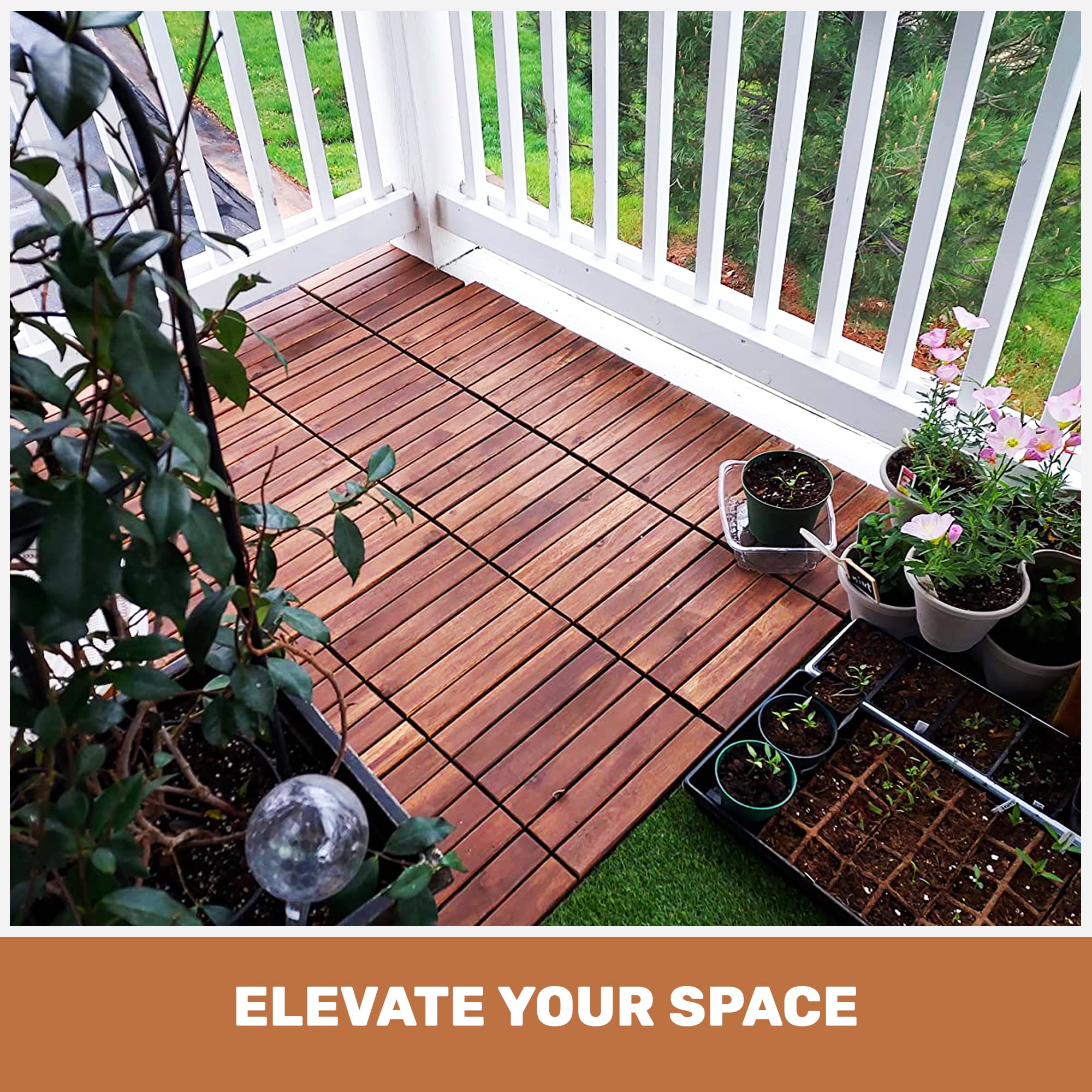 10 PCS Striped Pattern Interlocking Deck Tiles 12"x12" Square Acacia Hardwood Outdoor Flooring for Patio Balcony Pool Side Garden Porch