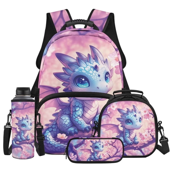 HUIACONG 4Pcs Purple Cherry Blossom Dragon Kids Backpack Set for Boys, Padded Strap Bookbag with Insulated Water Bottle, Water Bottle Cover and Lunch Box, Great Choice for Elementary School Boys
