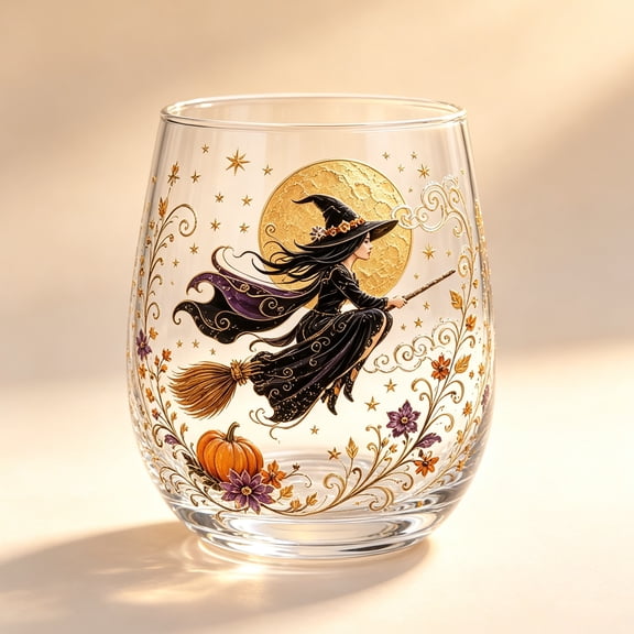 HOXZODT 2D Witch Print Glass Cup, Clear Stemless Tumbler with Gold Moon Star and Floral Pumpkin Design, Decorative Halloween Drinking Glass for Home Office Party Gift