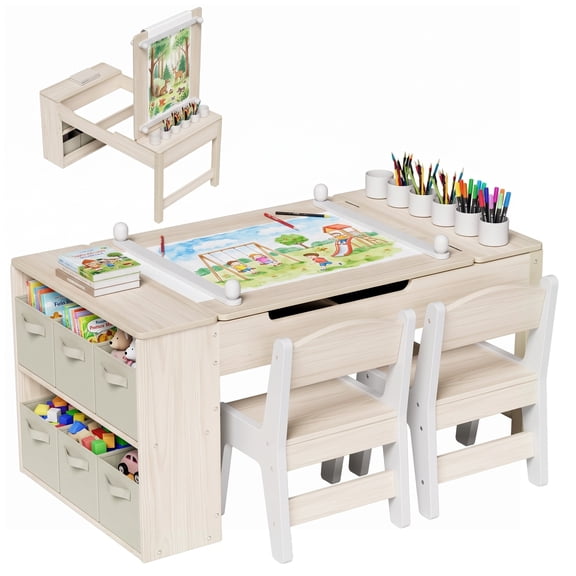 TLSUNNY Kids Art Table and 2 Chairs Set, Toddler Activity Desk with Storage Bins, Paper Roll, Paint Cups, Wooden Craft Table and Chairs Set for Boys & Girls