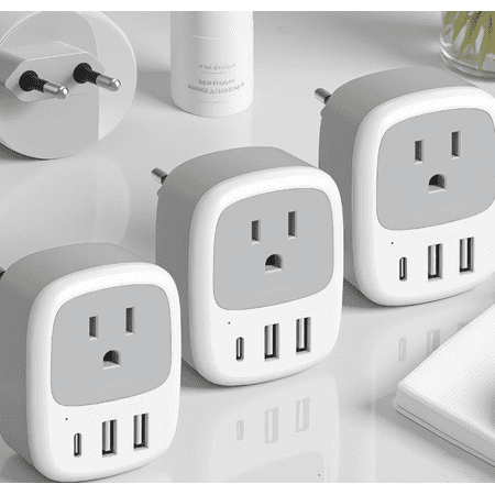 3 Pack European Travel Plug Adapter with 3 USB Ports (1 USB C), Type C Power Adapter for EU France Spain