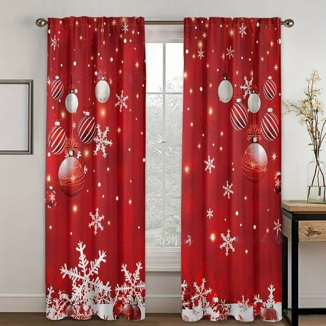 Oliegs Rideaux Imprimés des Fêtes 2 Rideaux Plats 2D Imprimés Rouges de Noël avec Flocons de Neige et Branches pour Chambre Salon Fête des Fêtes
