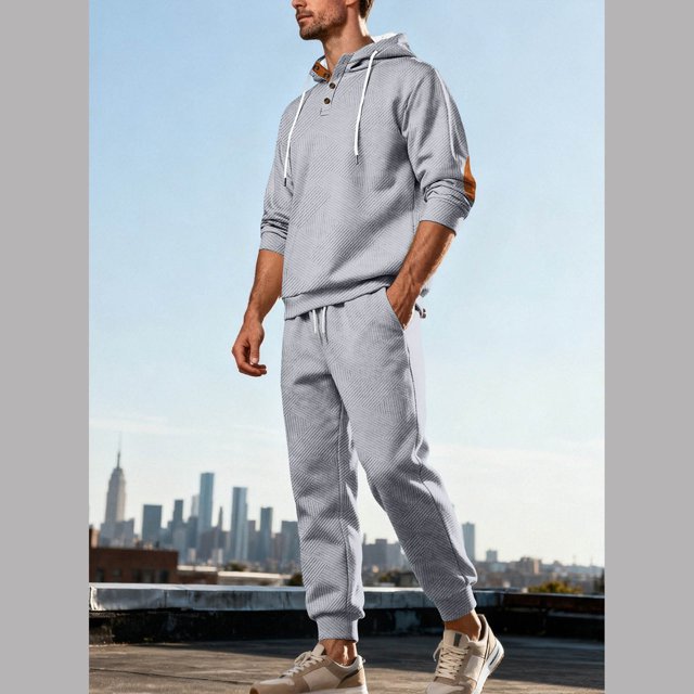 Men's Casual Solid Color Tracksuit Long Sleeve Hooded Button Front Top Drawstring Elastic Waist Pants Outwear Jackets Sets