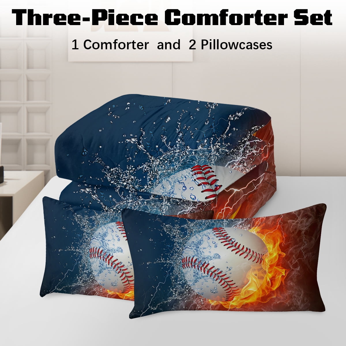 BlessLiving Full Comforter Set, 3 Pieces Sport Bedding Set for Kids Boys Teens Baseball Comforter Set