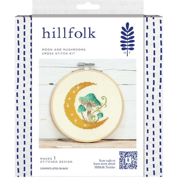 Hillfolk Cross Stitch Moon and Mushroom 6 Inch Cross Stitch Kit, for Ages 12 