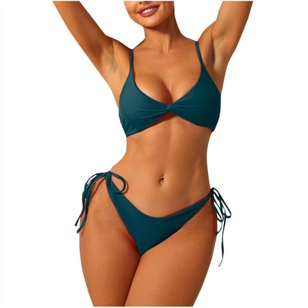 BSDJILFG Womens High Waisted Bikini 2-Piece Bathing Suit Solid Color Small Cups Balconette Bra String Thongs Underwear Summer Holiday Swimwear Beachwear Clearance