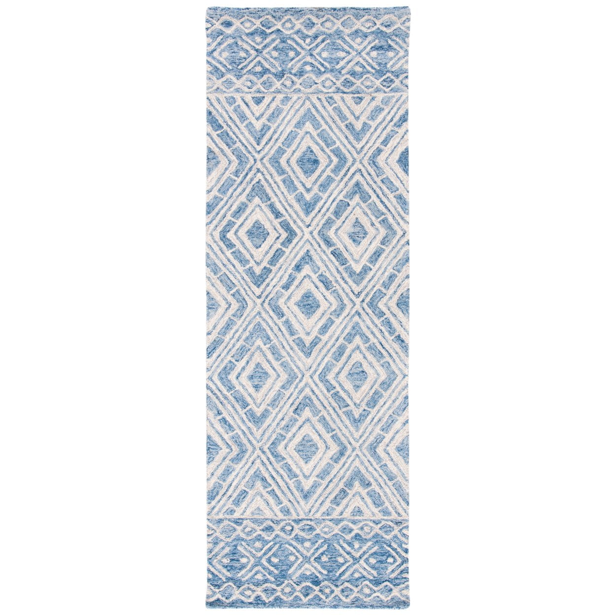 SAFAVIEH Micro-Loop Chris Geometric Diamonds Wool Runner Rug, Blue/Ivory, 2'3" x 7'