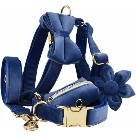 Collar & Leash Set with Metal Buckle No Pull Dog Harness Includes Flower，Bow & Poop Bag Blue M