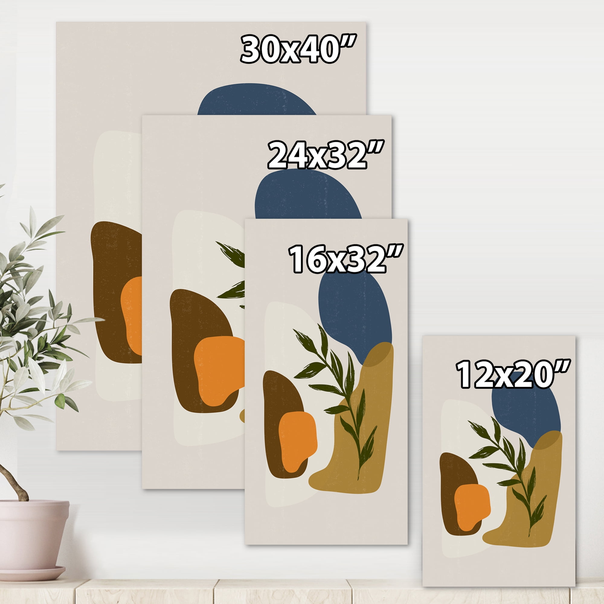 Designart ' Green Leaf With Botanical Minimalist Shapes ' Modern Canvas Wall Art Print