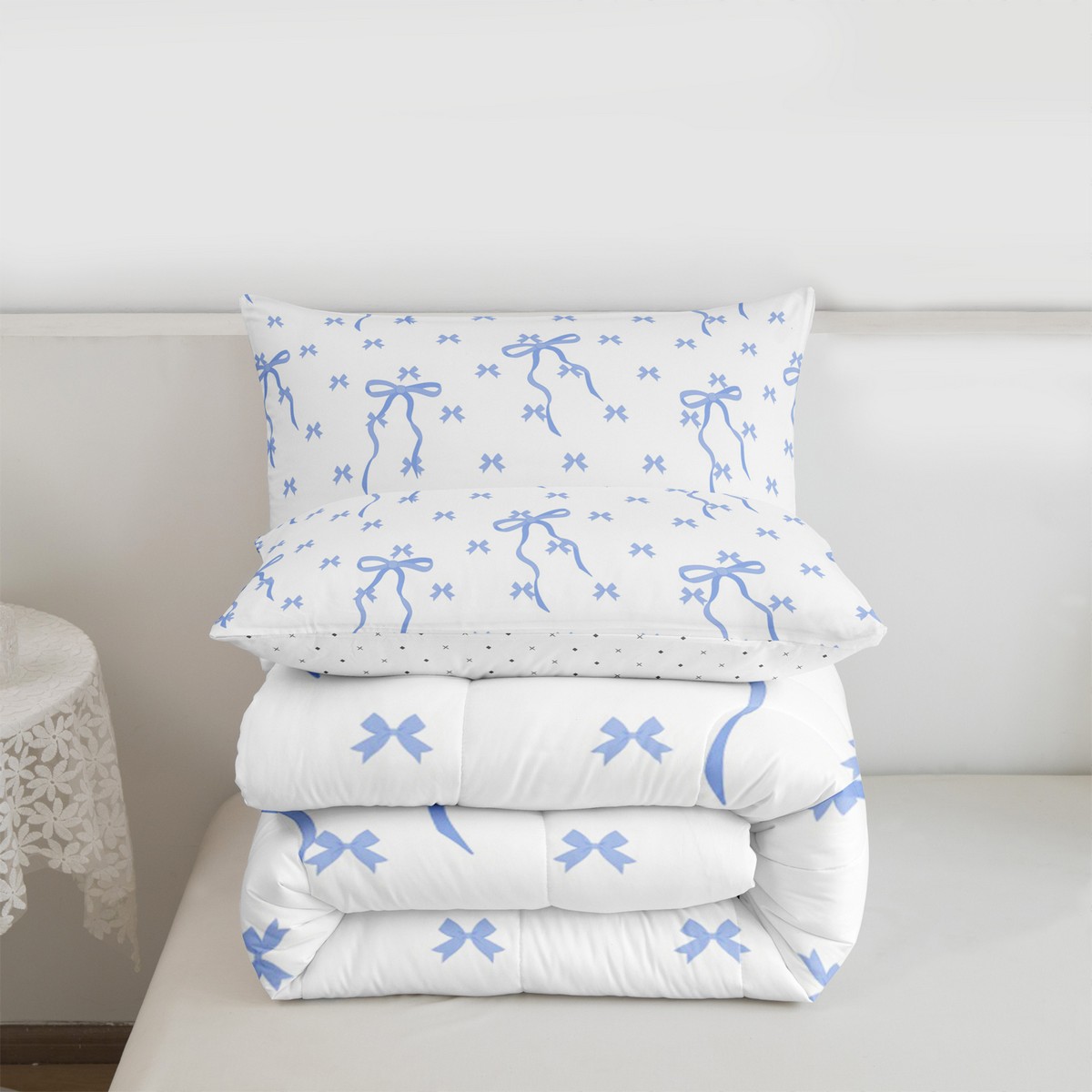Feelyou Big Bow Comforter Set - Light Blue Kawaii Bowknot Duvet Cover Twin/Full/Queen/King Size With Pillowcases