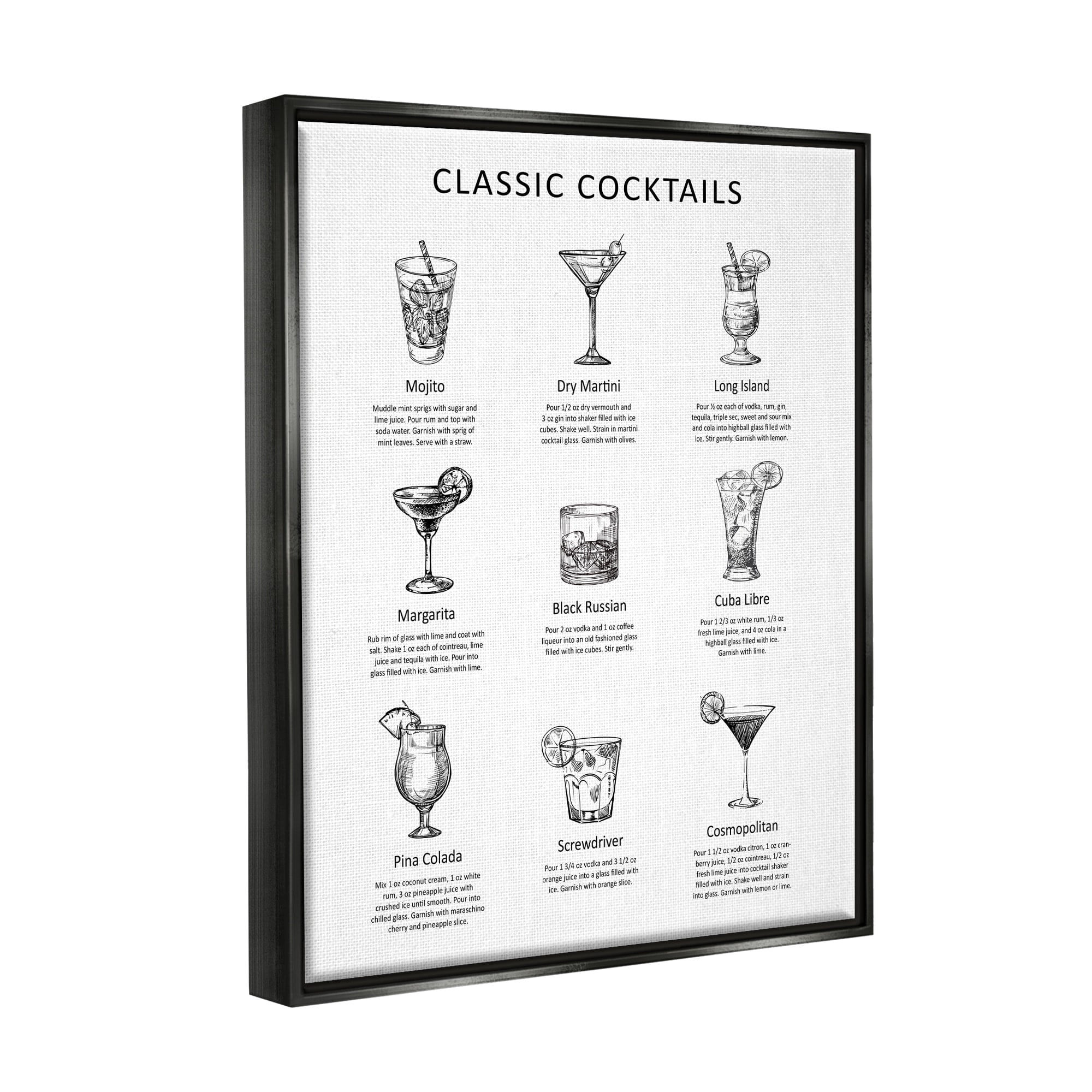 Stupell Industries Classic Cocktails Mixed Drinks Kitchen Bar Sign Chart Graphic Art Jet Black Floating Framed Canvas Print Wall Art, Design by Lettered and Lined