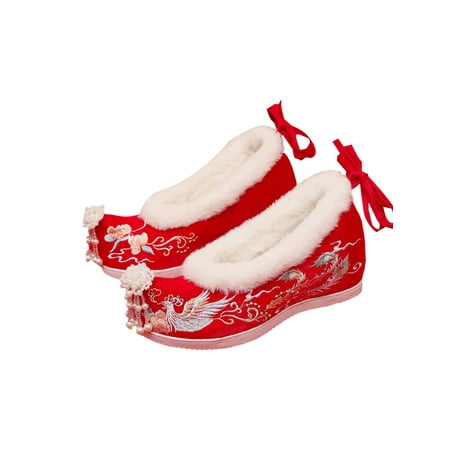 

Tenmix Womens Bridal Shoe Embroideried Hanfu Shoes Chinese Style Flats Traditional Women Comfort Non-slip Red Hidden Wedge Winter Warm Plush Lined 7.5