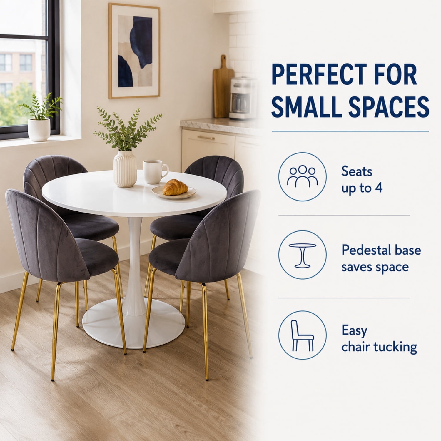 Miniyam 42" Round Pedestal Dining Table for 4-6, Small Kitchen Table with Wood Top, White