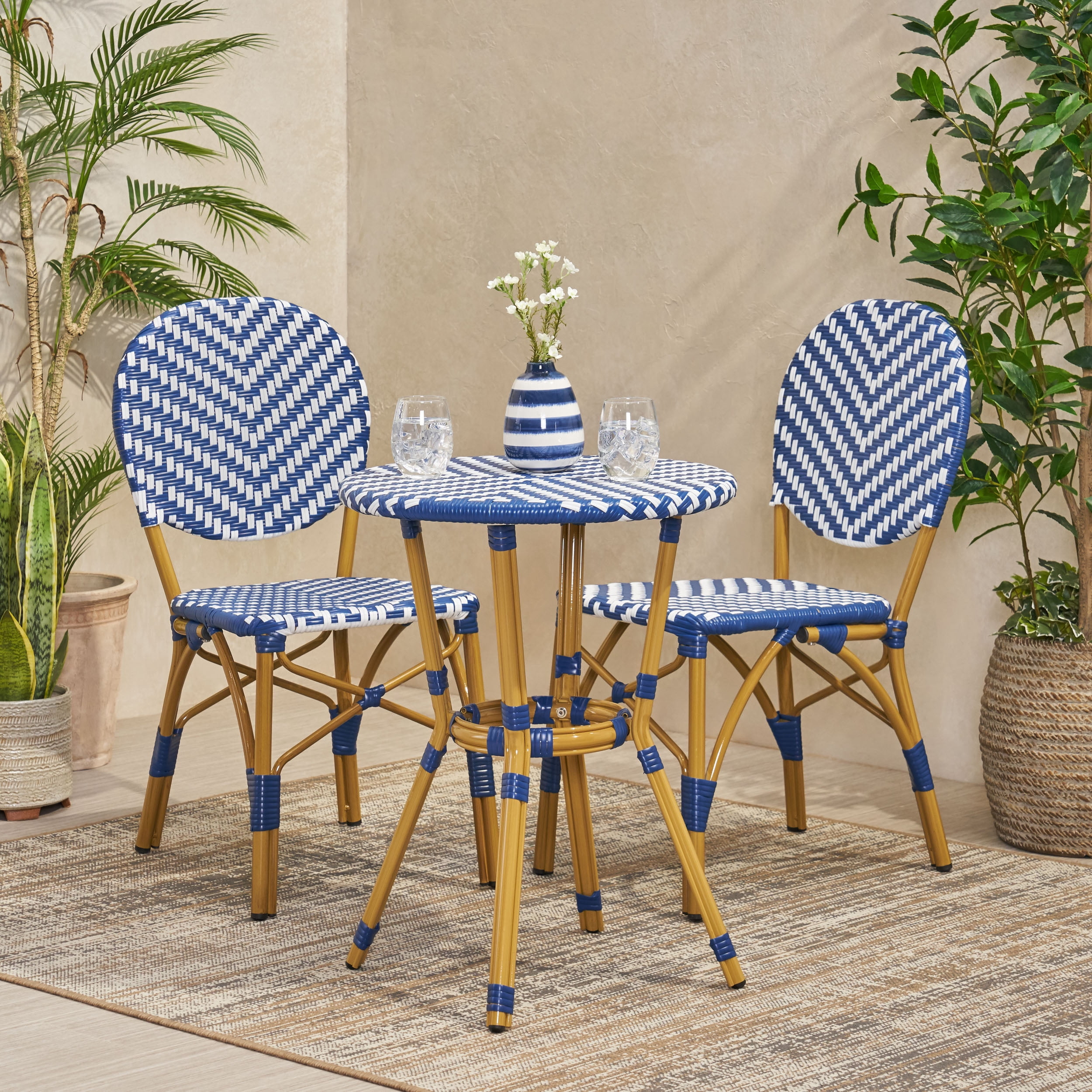 Outdoor Aluminum 3 Piece French Bistro Set, Navy Blue, White, with Bamboo Finish