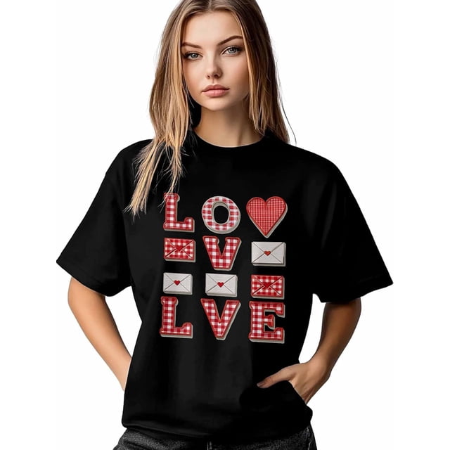 Camiseta de mujer "San Valentín Amor", camisetas de manga corta, camisetas casuales, camisetas de cuadros rojos con cuello redondo para mujer