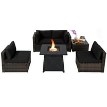 Topbuy 6-Piece Patio Furniture Set with 30" Propane Fire Pit Table Outdoor PE Wicker Conversation Set with Cushions and Tempered Glass Coffee Table Black