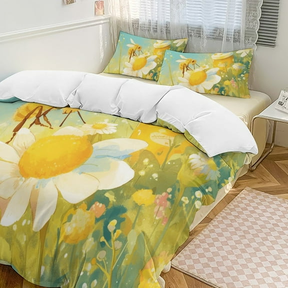Happy Cute Bees Duvet Cover Set King Size for Bedroom Decoration Print Bedding Set Comforter Cover Decorative Microfiber with 2 Pillow Sham Multicolor