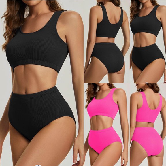 Women's 2 Piece Bathing Suits Solid Color Padded Cups Racerback Bras Soft Stretch Breathable Swimwear Swimsuits Bikini Set