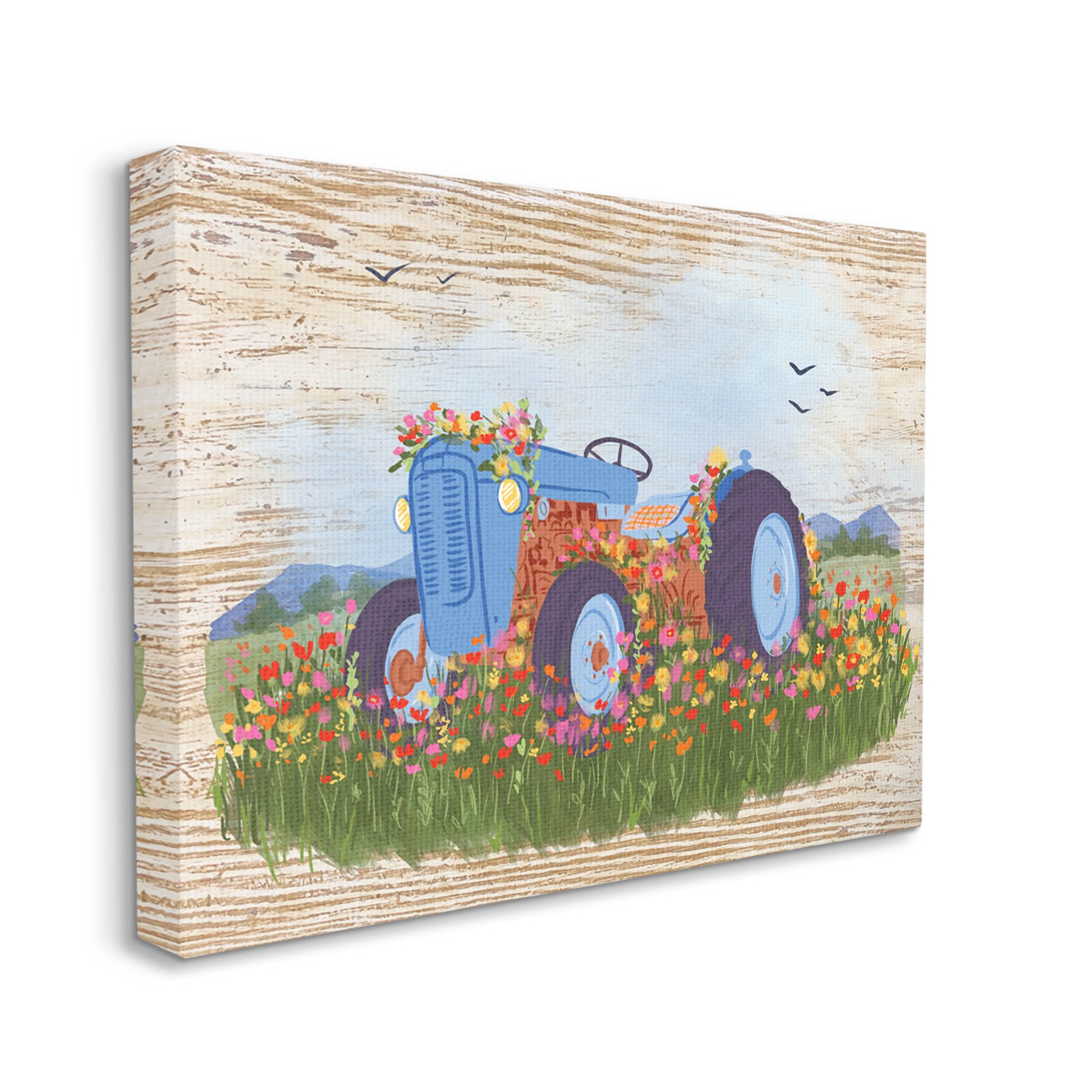 Farmhouse Tractor Floral Blooms Transportation Graphic Art Gallery Wrapped Canvas Print Wall Art