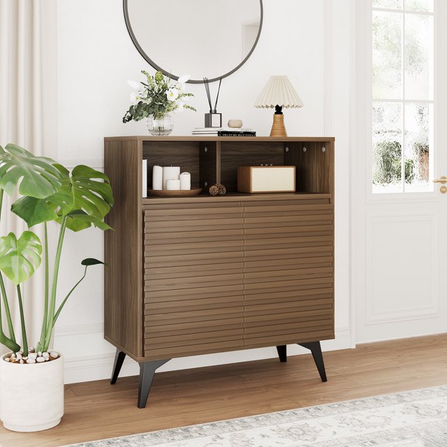 Buffet Bahut, Armoire de Rangement Cannelée Mi-Siècle avec Tablettes Ajustables pour Salle à Manger, Entrée